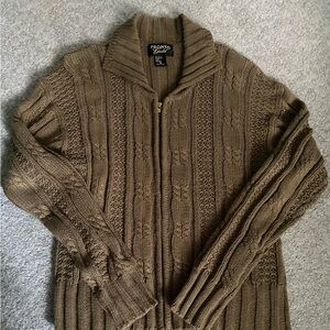 Cozy Khaki Cable Knit Zip-up Sweater